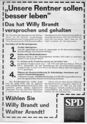 Wahlwerbung der SPD zur Bundestagswahl 1972 mit Ausführungen zur Rentenpolitik
