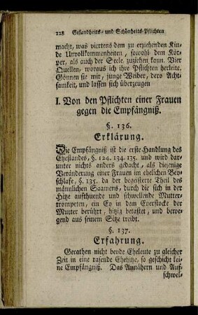 I. Von den Pflichten einer Frauen gegen die Empfängniß.