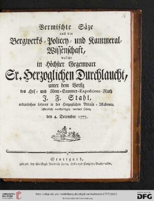 Vermischte Säze aus der Bergwerks- Policey- und Kammeral-Wissenschaft