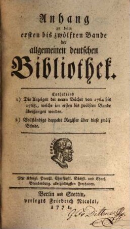 Allgemeine deutsche Bibliothek. [12,a,]1. 1771 = Anh. zu Bd. 1 - 12, Abt. 1