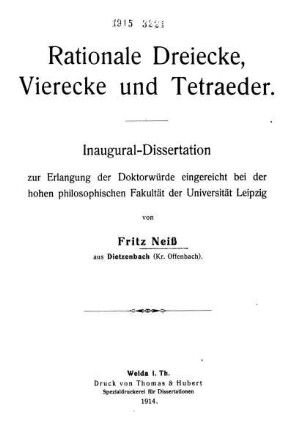 Rationale Dreiecke, Vierecke und Tetraeder
