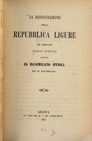 La restaurazione della repubblica Ligure nel 1814 Saggio storico