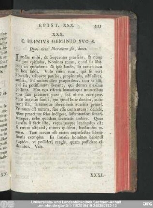 XXX. C. Plinius Geminio So S. Quae vera liberalitas sit, docet.