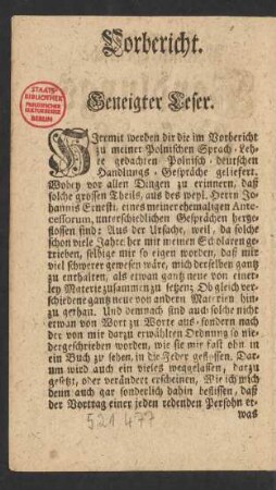 Vorbericht. Geneigter Leser.