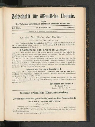 Siebente ordentliche Hauptversammlung des Verbandes selbständiger öffentlicher Chemiker Deutschlands am 29. und 30. September 1902 in Leipzig.