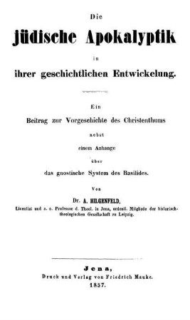 Die jüdische Apokalyptik in ihrer geschichtlichen Entwicklung