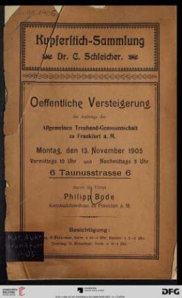 Kupferstich-Sammlung Dr. C. Schleicher : öffentliche Versteigerung 13. November 1905