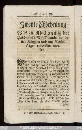 Zweyte Abtheilung Was zu Abschaffung der Handwercks-Miß-Bräuche von denen Käysern und auf Reichs-Tägen verordnet worden.