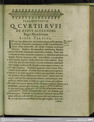 Fragmentorum Q. Curtii Rufi De Rebus Alexandri Regis Macedonum Liber Tertius