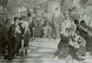Dresden-Neustadt, Staatliches Gymnasium Dresden-Neustadt, Inneres, Aula, Westwand, Wandmalerei (1882-1884). Rom, das Land der Justitia, mit der Verurteilung der Söhne des ersten Konsuls Brutus durch den eigenen Vater. : Dresden-Neustadt, Staatliches Gymnasium Dresden-Neustadt. Aula, Ostwand mit Wandmalerei (1882-1884). Links: Abschied Barbarossas in Regensburg vor der Ausfahrt ins heilige Land und rechts: Bibelrevision zu Wittenberg 1541 durch Luther, dazwischen Banner mit Hakenkreuz, Rednerpult und zwei Büsten, wohl Hitler und Hindenburg, auf Stelen