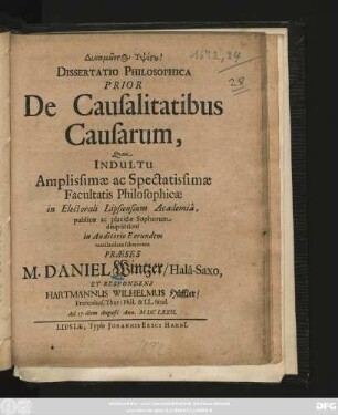 Dissertatio Philosophica Prior De Causalitatibus Causarum