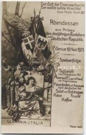 Postkarte mit deutsch-italienischer Speisekarte zum 3. Jahrestag der Weimarer Republik