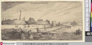 [Ruderboote vor einer ummauerten Flussstadt (Forten op't Schelde); Rowboats before walled Rivertown (Forten op't Schelde)]