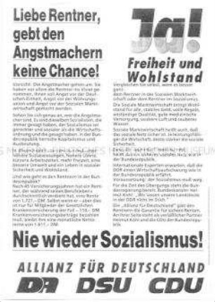 Propagandaflugblatt der "Allianz für Deutschland" zur Volkskammerwahl 1990 mit Ausrichtung auf die Rentner