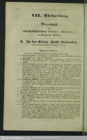 VII. Abtheilung. Verzeichniß der römisch-katholischen Geistlichen, Schullehrer [et]c. im Königreiche Sachsen