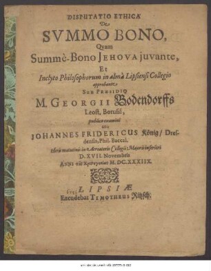 Disputatio Ethica De Summo Bono