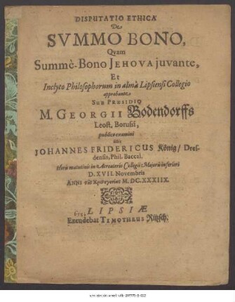 Disputatio Ethica De Summo Bono