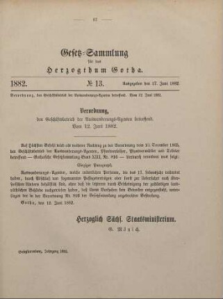13. Verordnung, den Geschäftsbetrieb der Auswanderungs-Agenten betreffend. Vom 12. Juni 1882