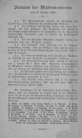 Statuten des Museumsvereins vom 19. October 1886.