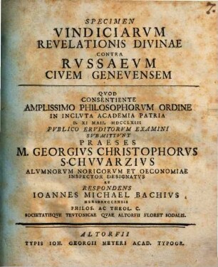 Specimen vindiciarum revelationis divinae contra Russaeum, civem Genev.