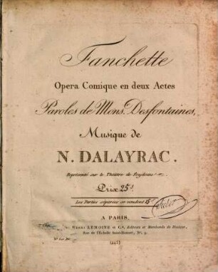 Fanchette : opéra comique en 2 actes ; représenté sur le Théâtre de Feydeau