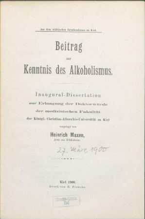 Beitrag zur Kenntnis des Alkoholismus