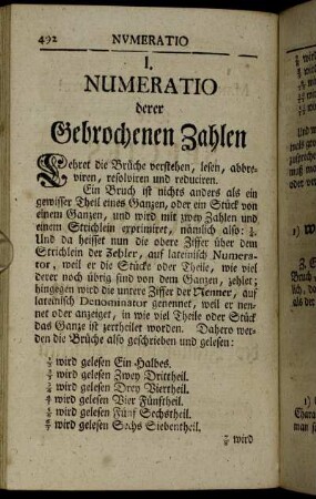 I. Numeratio derer Gebrochenen Zahlen - II. Additio derer Gebrochenen Zahlen,[...]