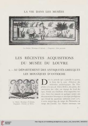 Les récentes acquisitions du Musée du Louvre : au département des antiquités Grecques les mosaïques d'Antioche