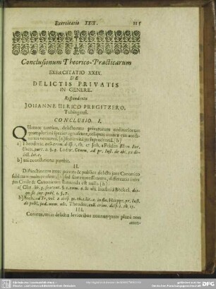 Exercitatio XXIX. De Delictis Privatis In Genere. Respondente Johanne Ulrico Pregitzero, Tubingensi