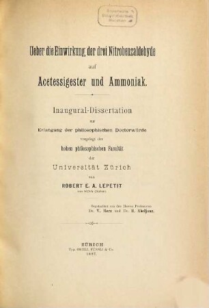 Ueber die Einwirkung der drei Nitrobenzaldehyde auf Acetessigester und Ammoniak : Inaug.-Diss.