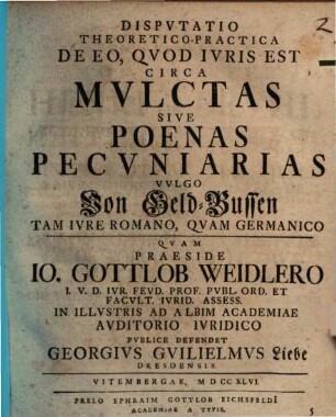 Disputatio Theoretico-Practica De Eo, Qvod Ivris Est Circa Mvlctas Sive Poenas Pecvniarias, Vvlgo Von Geld-Bussen Tam Ivre Romano, Qvam Germanico