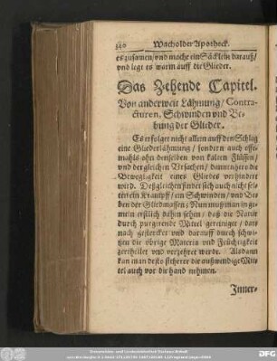 Das Zehende Capitel. Von anderweit Lähmung/ Contracturen, Schwinden und Bebung der Glieder.