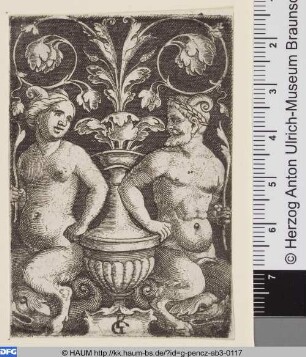Vase mit aufsteigendem Blattwerk und Satyrpaar