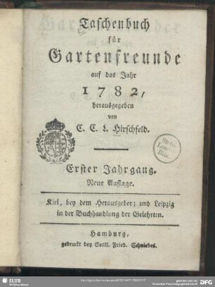 1.1782: Taschenbuch für Gartenfreunde : auf das Jahr ...