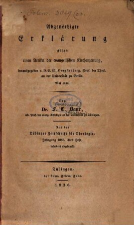 Abgenöthigte Erklärung gegen einen Artikel der evangelischen Kirchenzeitung