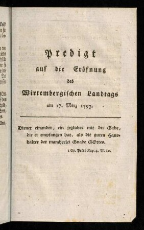 19-36, Predigt auf die Eröfnung des Wirtembergischen Landtags am 17. Merz 1797