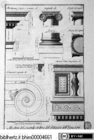 Studio d'architettura civile sopra gli ornamenti di porte, e finestre colle misure, piante, modini, e profili, tratte da alcune fabbriche insigni di Firenze erette col disegno dè più celebri architetti / opera misurata, disegnata, e intagliata da Ferdinando Ruggieri, sotto gli auspici dell' A. R. di Cosimo III. Granduca di Toscana, Parte Prima, Firenze 1722, nella Samperia Reale presso Gio: Gaetano Tartini, e Santti Franchi, con Licenza de Superiori.Architekturdetails des 1. Obergeschoss des Palazzo Uguccioni - Studio d'architettura civile, da Ferdinando Ruggieri, Parte prima, Firenze 1722.