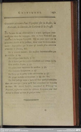 Observations d'un Voyageur sur la Russie, la Finlande, la Livonie, la Curlande & la Prusse