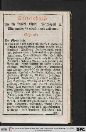 Verzeichnis, wie die kaiserl. koenigl. Reichspost zu Mimmenhausen abgeht, und ankoemmt