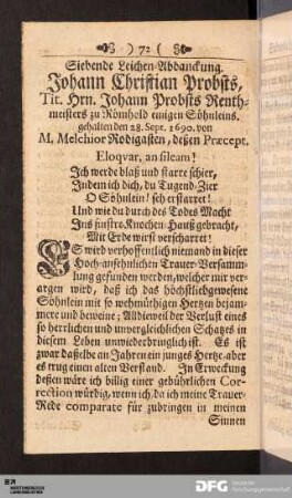 Siebende Leichen-Abdanckung. Johann Christian Probsts...