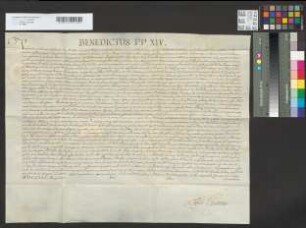 Papst Benedikt XIV. erteilt dem Erzbischof Clemens August bezüglich der Diözesen Paderborn, Hildesheim und Osnabrück auf 5 Jahre das Indult, je 2 Kanoniker zu dem geistlichen Regiment heranzuziehen.