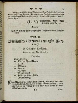 Num. II. Churfürstliches Protoll vom 23sten Mertz 1767.