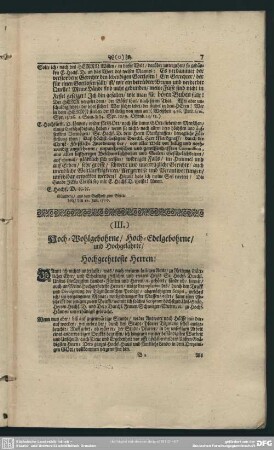 (III.) Hoch-Wohlgebohrne, Hoch-Edelgebohrne, und Hochgelährte, Hochgeehrteste Herren!