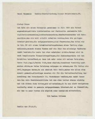 Brief von Raoul Hausmann an Bruno Kaufmann. [Berlin]. In der Anlage eine Kontruktionsskizze von Raoul Hausmann