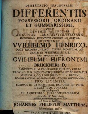 Dissertatio Inauguralis De Differentiis Possessorii Ordinarii Et Summarissimi