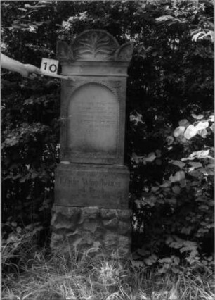 Grabstein 10 (Index: 100100608) Material: Sandstein Zustand: leicht verwittert Maße HxBxT: 177x52x20 cm Beschreibung: Stele, getreppter Sockel, Rundbogengiebel mit Eckakroteren, eingetieftes Schriftfeld mit Rundbogen Symbolik: Fries, Blätter, Bäumchen im Rundbogen: Grabstein 10