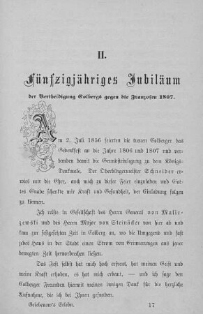 II. Fünfzigjähriges Jubiläum der Vertheidigung Colbergs gegen die Franzosen 1807