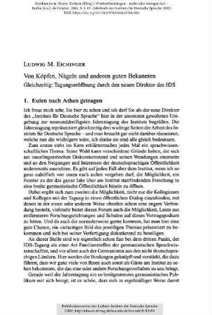 Von Köpfen, Nägeln und anderen guten Bekannten. Gleichzeitig: Tagungseröffnung durch den neuen Direktor des IDS