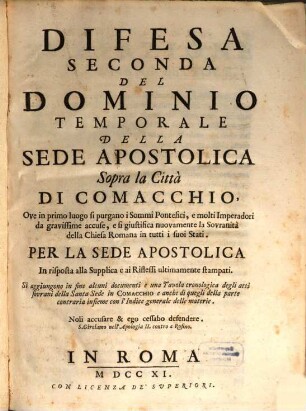 Difesa Seconda del Dominio temporale della sede apostolica sopra la citte di Comacchio