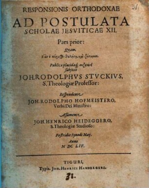 Responsionis orthodoxae ad postulata scholae iesuiticae XII. pars prior